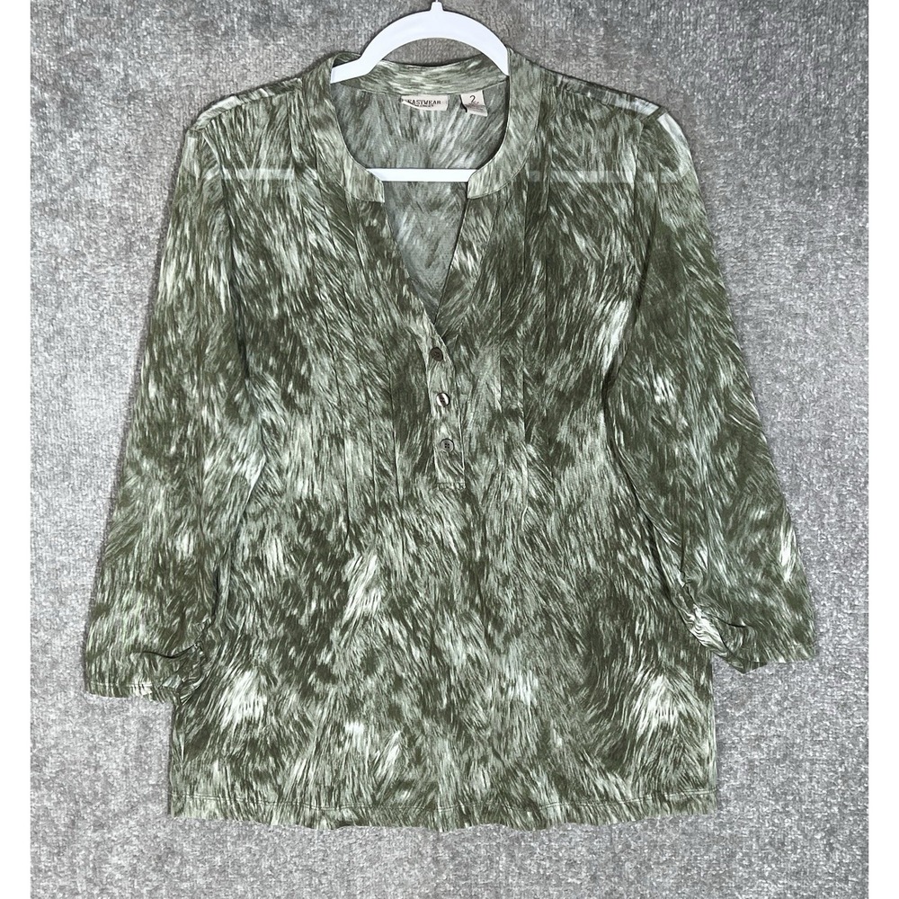 Easywear By Chicos Sheer Mesh Popover Top Womens Sz 2 US Size 12 Green Pintucks